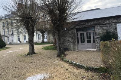Écran de projection blanc déroulé dans une salle de conférence avec murs en bois et plafond équipé d'un projecteur.