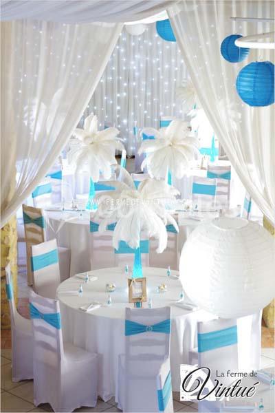 Salle de réception décorée avec des tables rondes, nappes blanches, nœuds bleus sur les chaises et plumes blanches en centre…