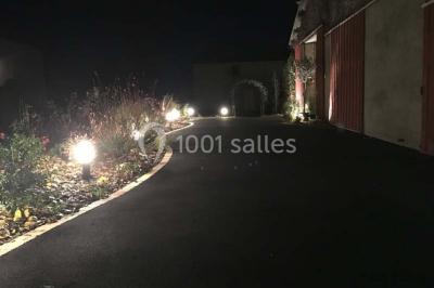 Allée asphaltée éclairée par des lampes extérieures, bordée de plantes et menant à une maison dans l'obscurité.