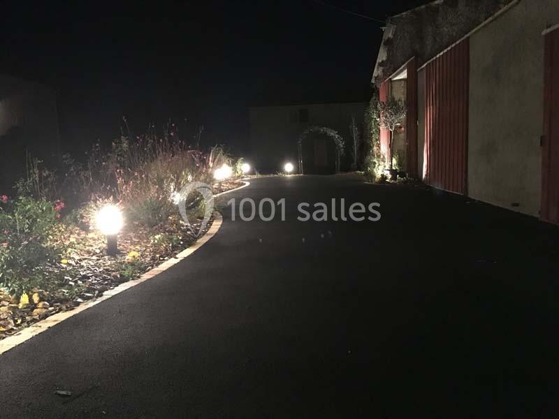 Allée asphaltée éclairée par des lampes extérieures, bordée de plantes et menant à une maison dans l'obscurité.