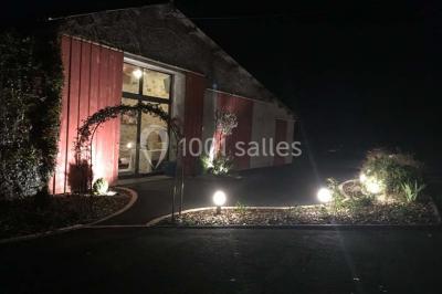 Allée asphaltée éclairée par des lampes extérieures, bordée de plantes et menant à une maison dans l'obscurité.