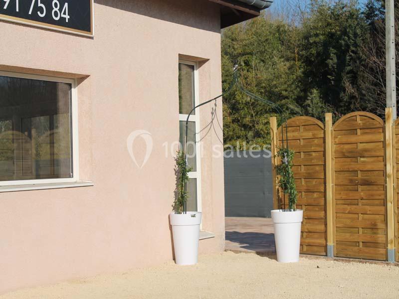 Deux pots blancs avec des plantes grimpantes devant un mur beige, près d'une clôture en bois et d'une fenêtre.