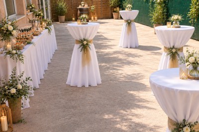 Arche de mariage décorée de fleurs blanches et vertes, avec deux chaises pliantes blanches devant, en extérieur ensoleillé.