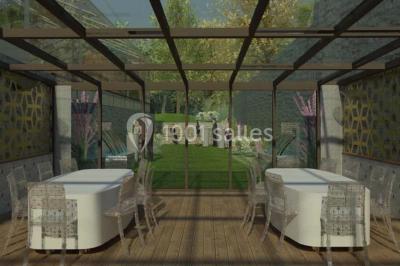 Chambre avec lit double, fauteuil, lampadaire et porte en bois, décorée dans un style sobre et lumineux.