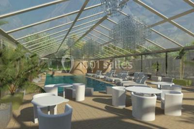 Chambre avec lit double, fauteuil, lampadaire et porte en bois, décorée dans un style sobre et lumineux.