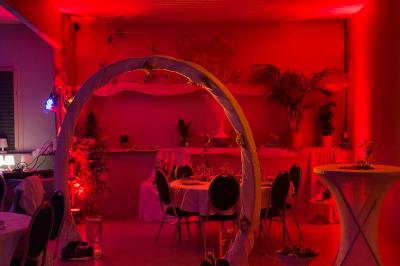 Bar avec éclairage rouge, comptoir en bois, étagères avec verres et décorations, ambiance tamisée.