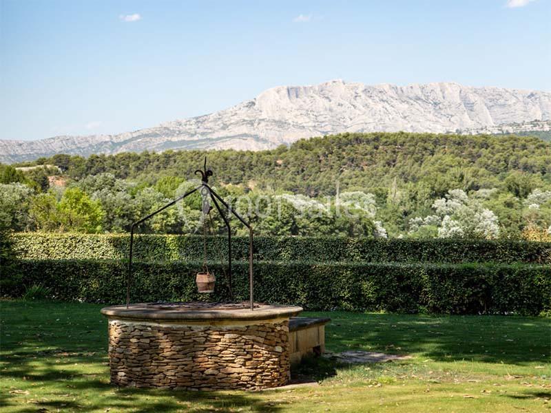 Un puits en pierre dans un jardin verdoyant avec une montagne en arrière-plan sous un ciel dégagé.