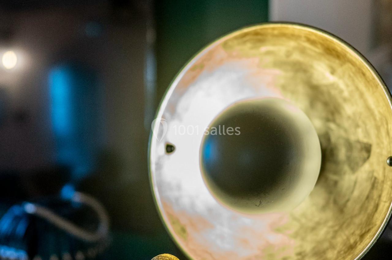 Lampe ronde illuminée avec une statuette dorée de singe au premier plan, décor intérieur sombre en arrière-plan.