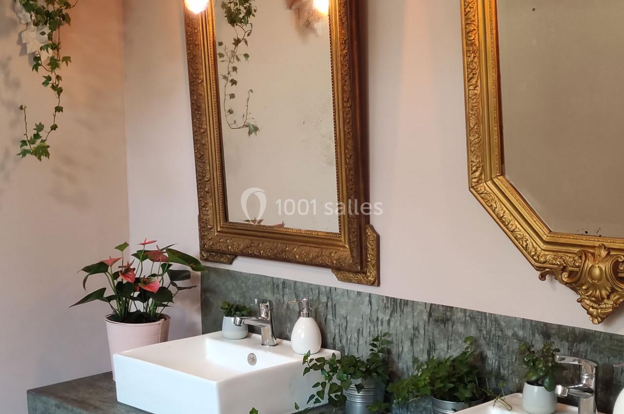 Deux lavabos avec miroirs dorés, plantes décoratives et éclairage suspendu dans une salle de bain au style naturel.