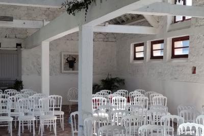 Miniature Location salle Gouesnou (Finistère) - La Cour des Grands #10 Allée bordée de buis en pots et d'un mur en pierre, avec pelouse et arbres en arrière-plan.