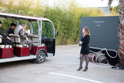 Vue nocturne d'un complexe de loisirs avec piscine illuminée, bâtiments thématiques et paysage urbain en arrière-plan.