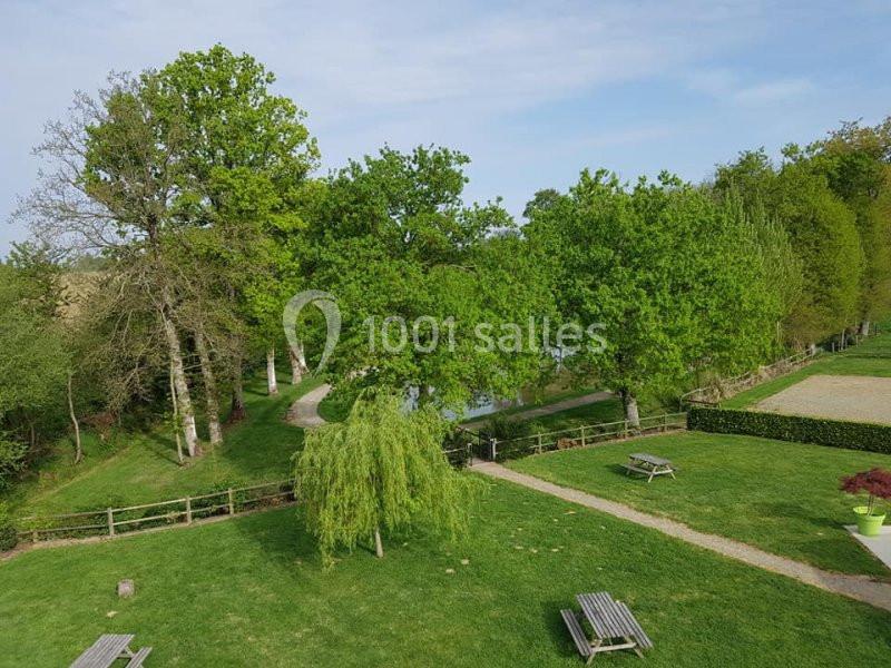 Vue d'un parc verdoyant avec arbres, pelouse, tables de pique-nique et un chemin menant à un petit plan d'eau.