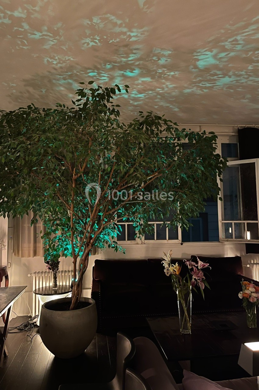 Grand arbre en pot éclairé par une lumière verte dans un salon moderne avec canapé, tables et vases de fleurs.