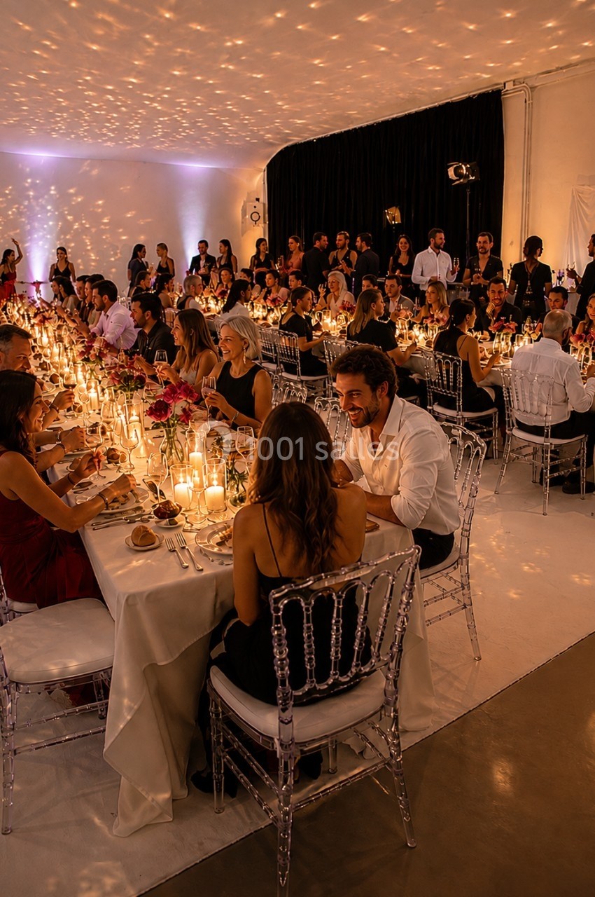 Salle de réception illuminée avec des invités dînant à de longues tables décorées de bougies et de fleurs.
