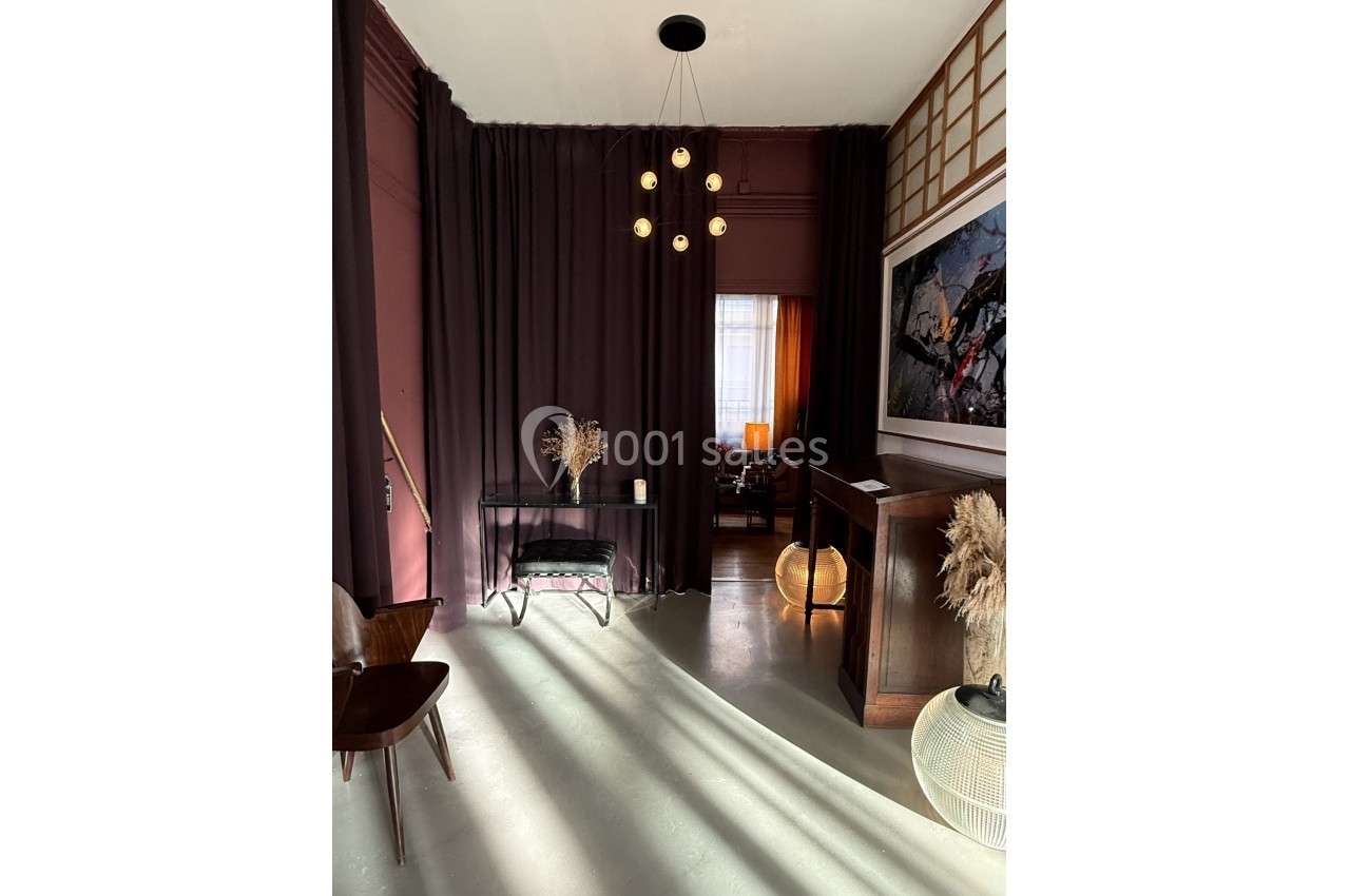 Salon décoré avec des rideaux sombres, mobilier moderne, éclairage suspendu et éléments de décoration naturels.