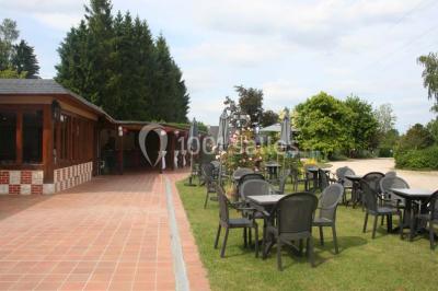 Un jardin avec pelouse, arbres variés et un lampadaire, éclairé par une lumière douce du matin.