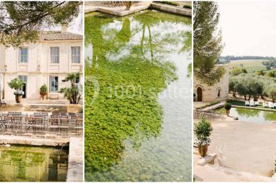 Vue d'une pièce lumineuse avec sol en carreaux anciens, mobilier classique et une chambre attenante avec lit à baldaquin.