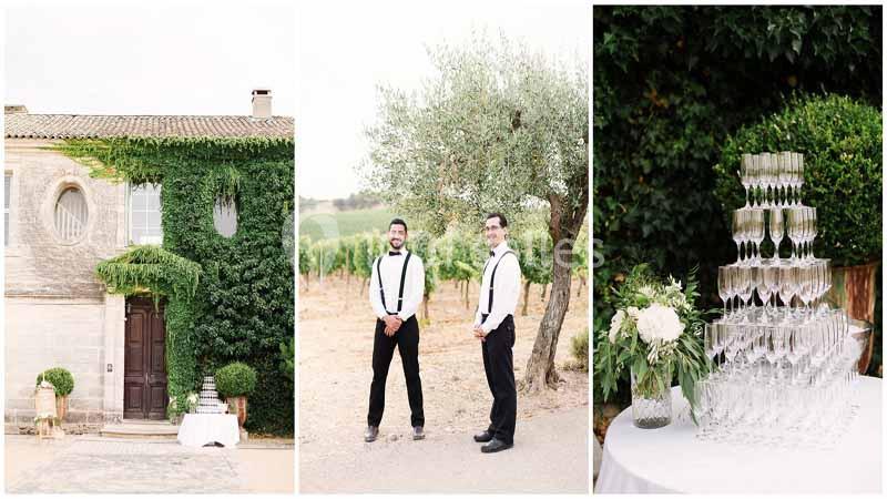 Photo 1 : Façade d'une maison en pierre couverte de lierre avec une porte en bois et une petite table devant. Photo 2 : Deux…