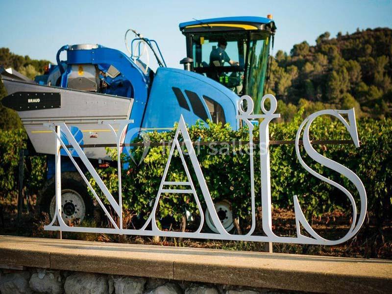 Location salle Rognes (Bouches-du-Rhône) - Domaine Naïs #9 Machine agricole bleue dans un vignoble avec une structure métallique affichant le mot ’NAÏS’ au premier plan.