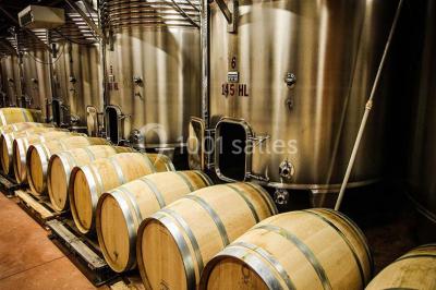 Miniature Location salle Rognes (Bouches-du-Rhône) - Domaine Naïs #21 Terrasse en pierre avec des tonneaux en bois, vue sur un paysage verdoyant et une clôture en fer forgé.