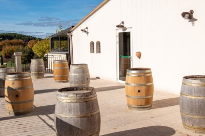 Salle lumineuse avec murs blancs et rouges, sol en carrelage beige, poutres apparentes et comptoir en pierre au fond.
