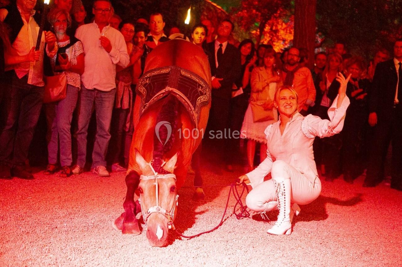 Un cheval s'incline sur un sol gravillonné, guidé par une femme en tenue blanche, devant un public éclairé en rouge.