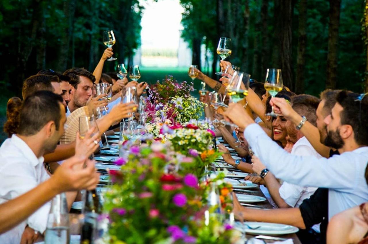 Des convives trinquent autour d'une longue table décorée de fleurs, installée dans une allée bordée d'arbres.