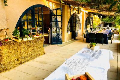Assortiment de fromages et saumon fumé sur une table avec une bouteille de vin rouge, verres et cheminée en arrière-plan.