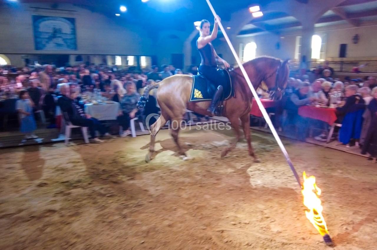 Cavalière exécutant une performance équestre dans une salle devant un public, passant près d'une lance enflammée.