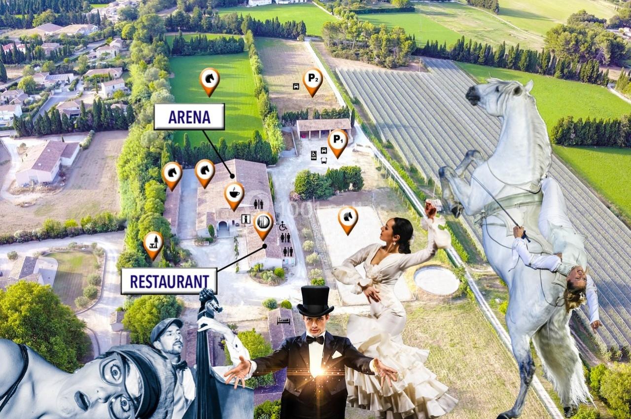 Vue aérienne d'un domaine avec des bâtiments, des parkings signalés et des illustrations de spectacles équestres et…