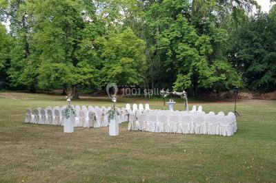 Miniature Location salle Divonne-les-Bains (Ain) - Domaine de Divonne #10 Salle de restaurant élégante avec tables dressées, chaises en bois sculpté et décor floral sur les murs et le sol.
