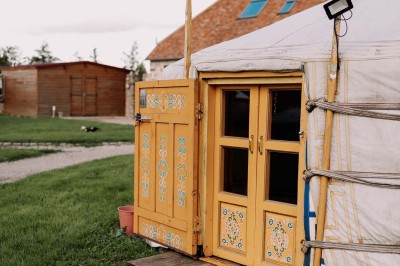 Assiette gastronomique avec une entrée raffinée composée de légumes, sauce jaune et décoration florale comestible.