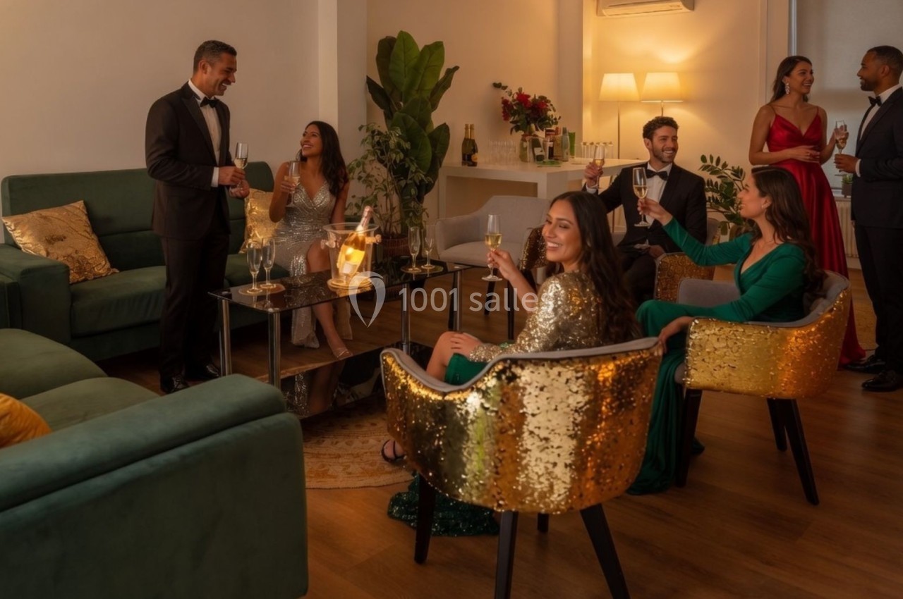 Des personnes élégamment vêtues discutent et trinquent dans un salon chaleureux et décoré pour une réception.