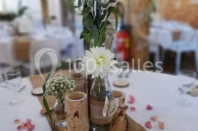 Des bancs en bois disposés en extérieur, entourés de décorations végétales, avec des arbres et des bâtiments en arrière-plan.