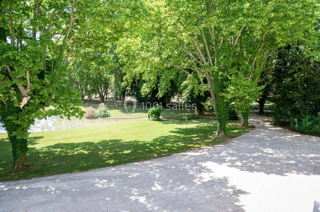 Allée bordée d'arbres verdoyants avec une pelouse et un petit plan d'eau en arrière-plan.