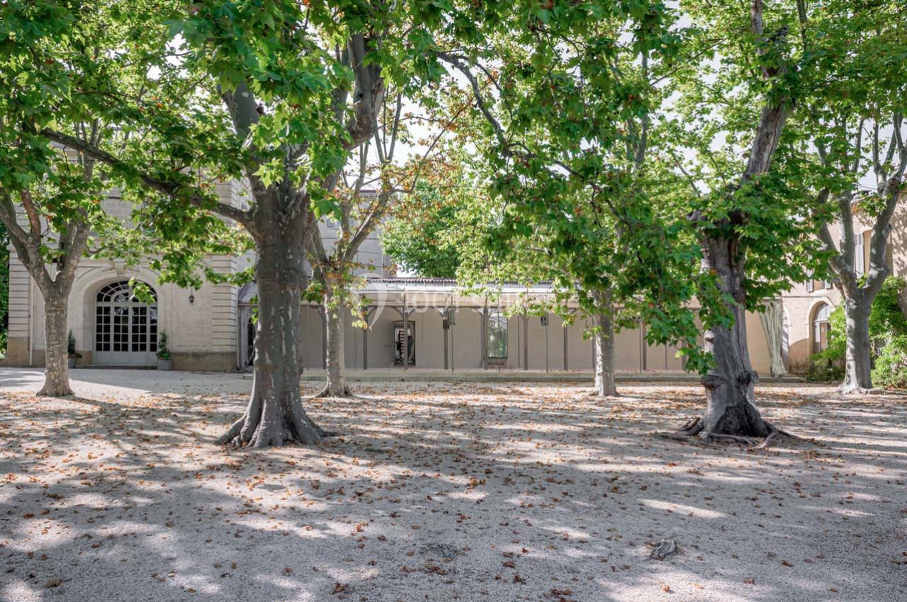 Cour ombragée avec des arbres feuillus devant un bâtiment en pierre aux grandes fenêtres et arches.