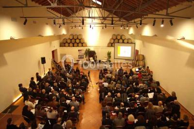 Une voiture bleue traverse un chemin bordé de vignes et de murets en pierre sous un ciel dégagé.