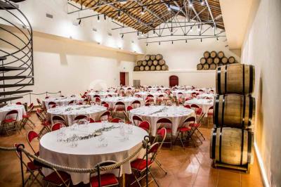 Une voiture bleue traverse un chemin bordé de vignes et de murets en pierre sous un ciel dégagé.