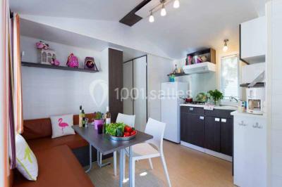 Des personnes dansent en couple sur une piste éclairée par des lumières colorées, tandis que d'autres sont assises autour.