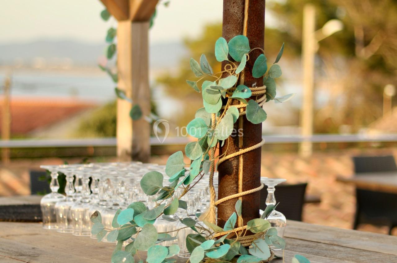 Plante grimpante décorative enroulée autour d'un poteau en bois sur une table extérieure, avec vue sur un paysage côtier.