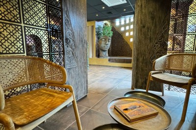 Un plongeur observe deux poissons nageant près d'un fond marin couvert d'algues et de végétation aquatique.