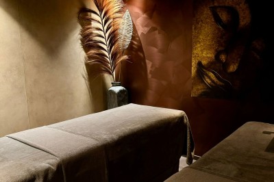 Un plongeur observe deux poissons nageant près d'un fond marin couvert d'algues et de végétation aquatique.