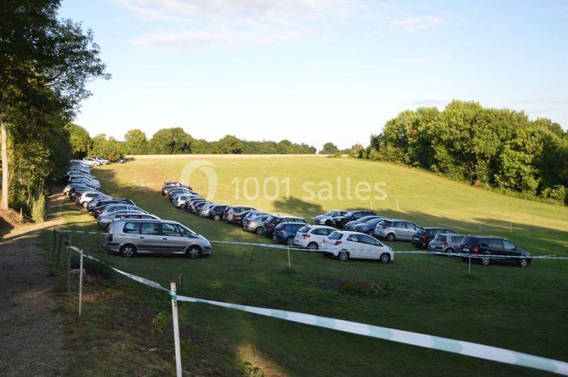 Voitures garées en file sur un terrain herbeux entouré d'arbres par une journée ensoleillée.