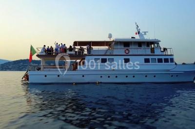Un bateau à moteur tracte une bouée gonflable sur une mer calme, avec un yacht et une côte boisée en arrière-plan.