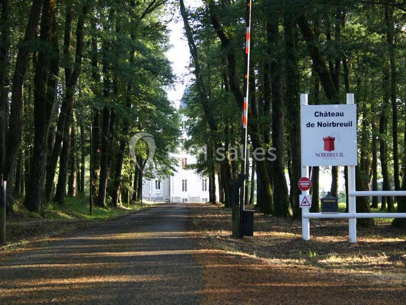 Allée bordée d'arbres menant à un bâtiment blanc, avec un panneau indiquant ’Château de Noirbreuil’.