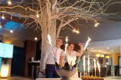 Salle de bain moderne avec meuble en bois clair, lavabo, miroir et douche vitrée équipée d'une pomme de douche.