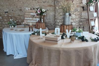 Décoration champêtre avec panneaux directionnels, fleurs, et accessoires pour un événement en extérieur.