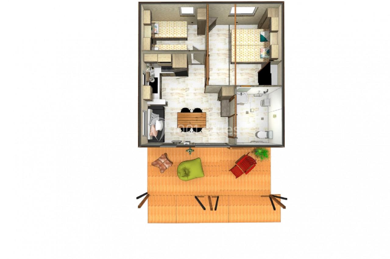 Plan en vue aérienne d'un appartement avec deux chambres, une salle de bain, une cuisine, un salon et une terrasse aménagée.