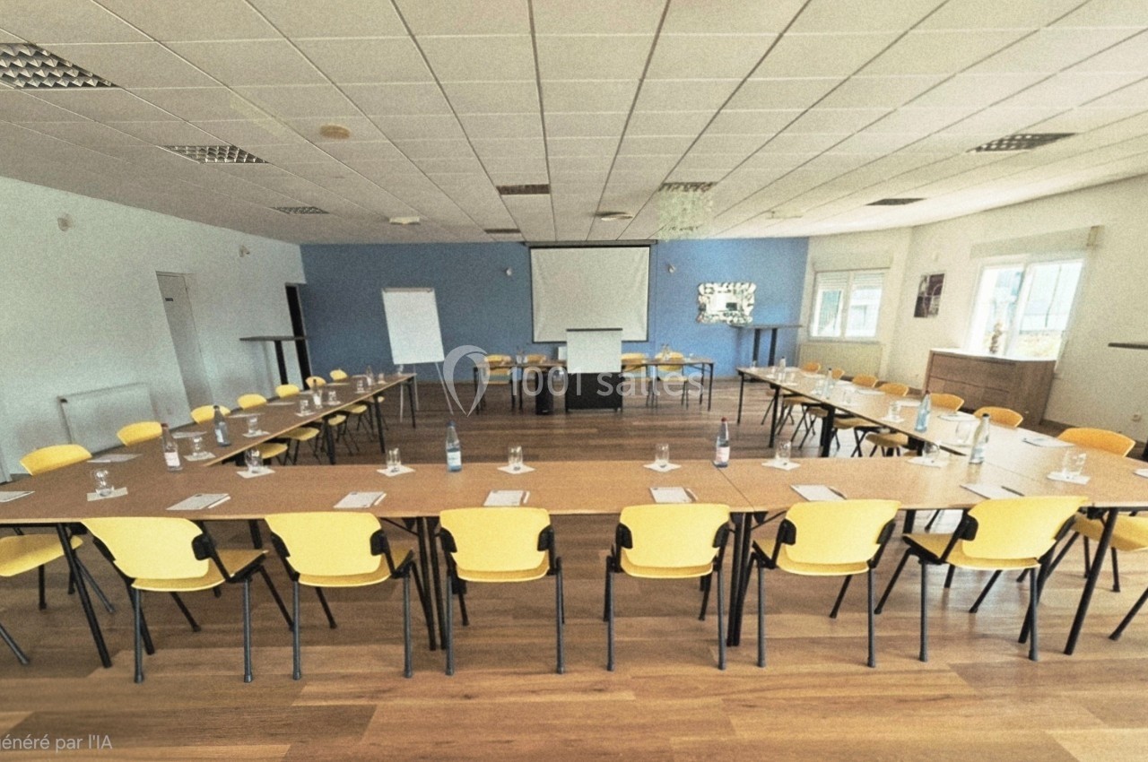 Salle de réunion lumineuse avec tables disposées en U, chaises jaunes, tableau blanc et bouteilles d'eau.