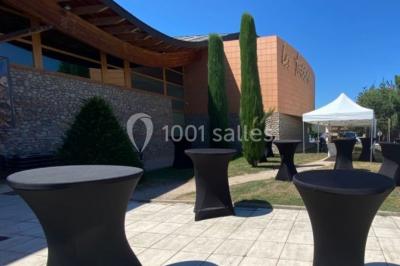 Vue aérienne d'un château médiéval entouré de verdure, au cœur d'une petite ville avec des habitations et des routes.